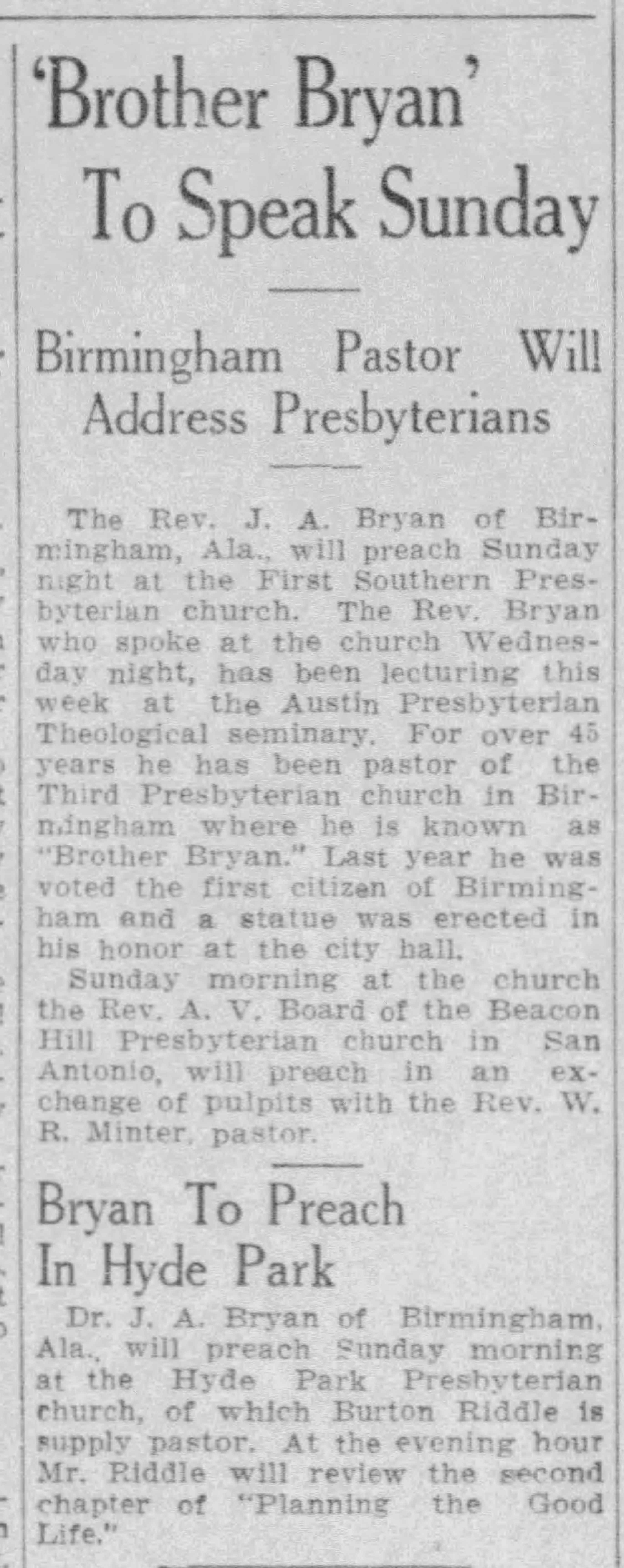 Brother Bryan to Speak Sunday